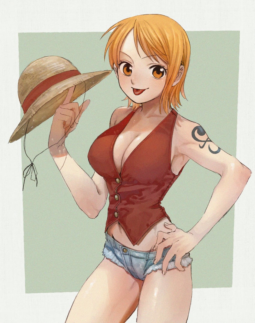 nami and monkey d. luffy (one piece) drawn by urasanmyaku