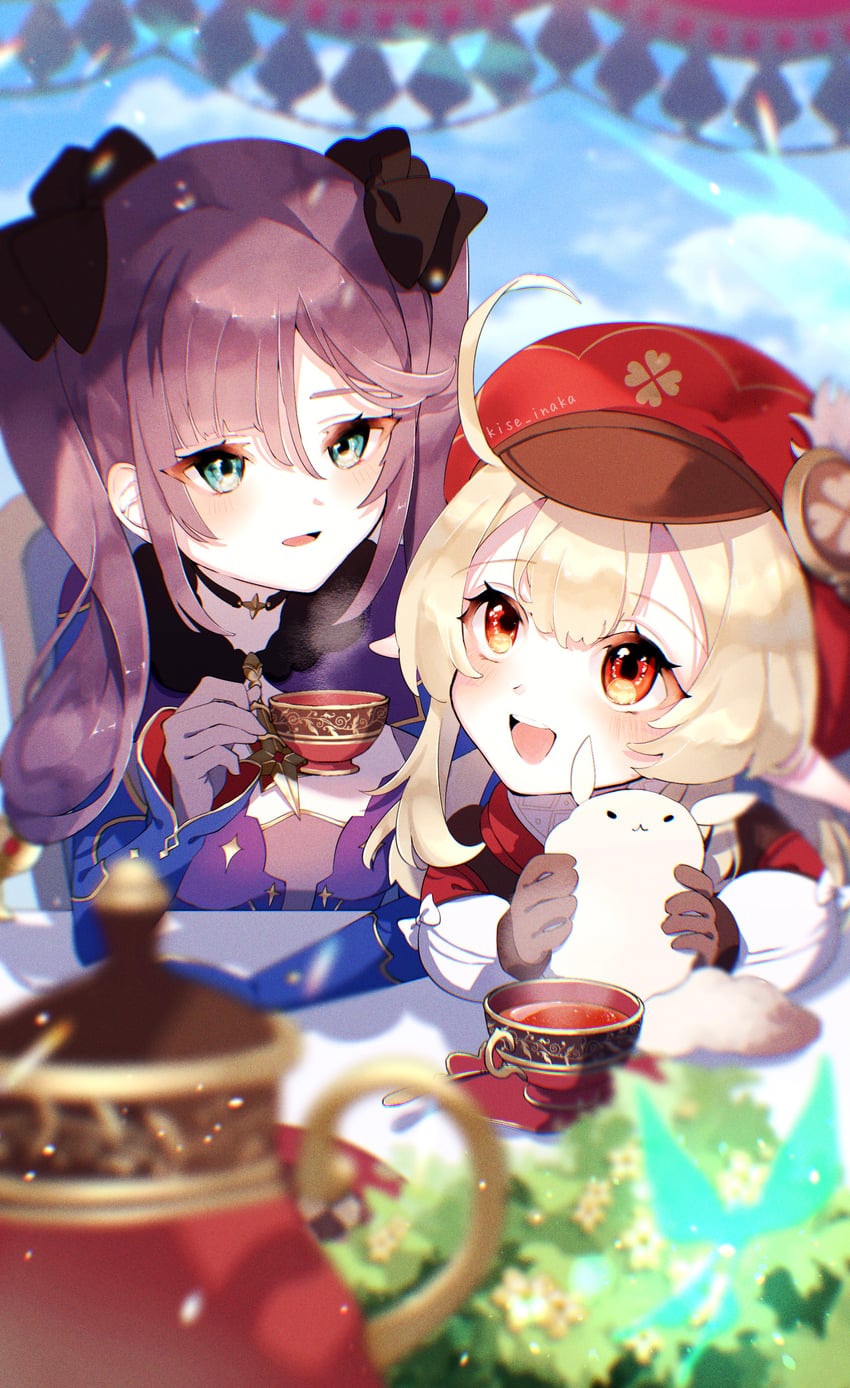 mona, klee, and dodoco (genshin impact) drawn by kise_inaka