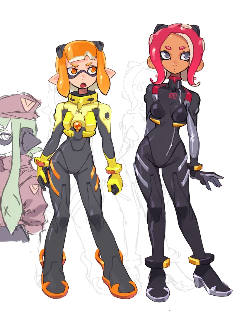 inkling player character, inkling girl, octoling player character, octoling girl, agent 8, and 2 more (neon genesis evangelion and 4 more) drawn by orisghost