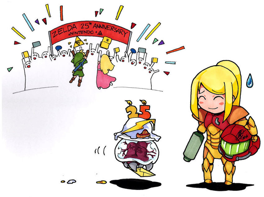 link, princess zelda, samus aran, metroid, and metroid larva (the legend of zelda and 3 more) drawn by alfred_pangkerego