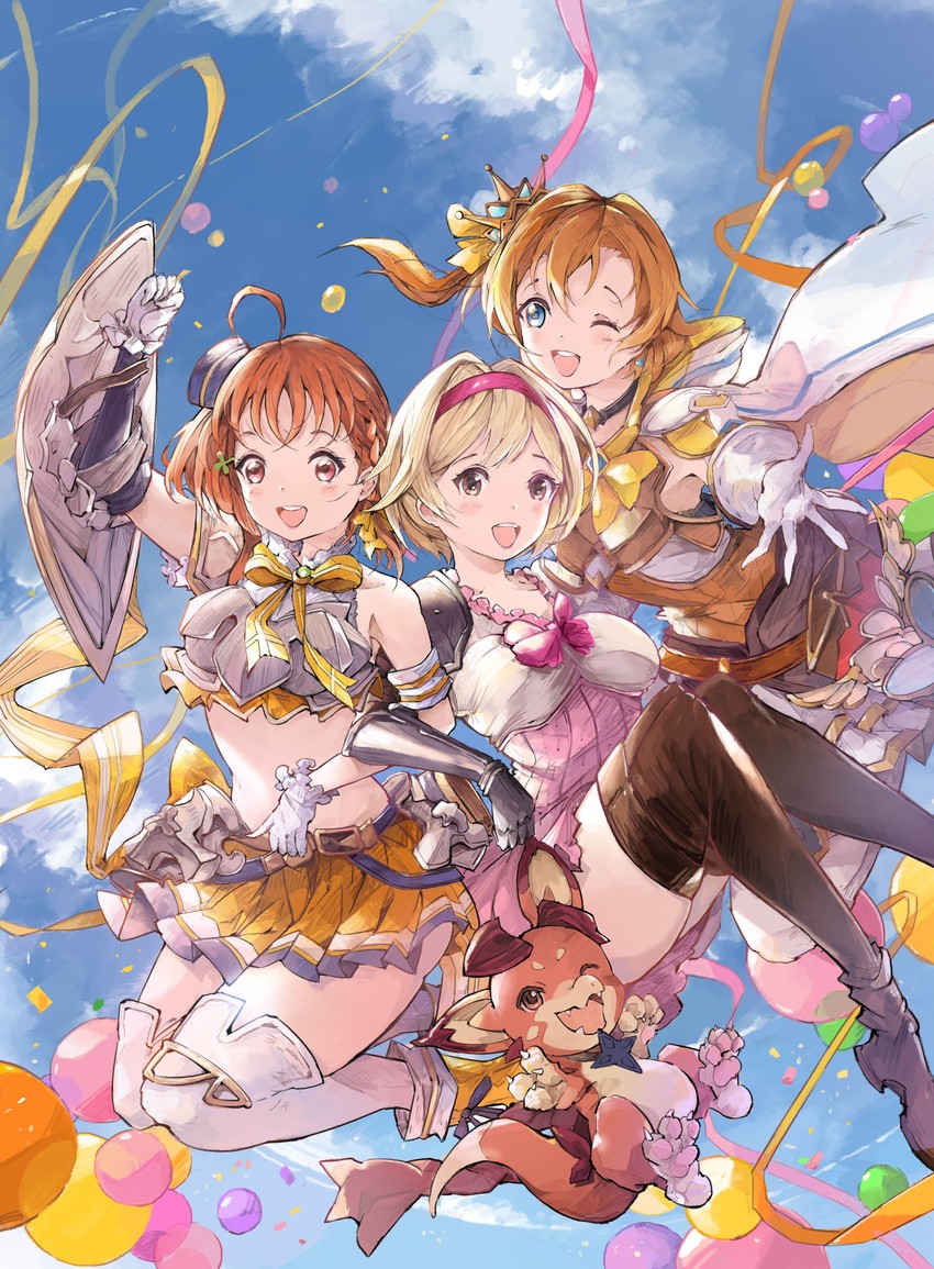 kosaka honoka, djeeta, takami chika, fighter, and vyrn (love live! and 3 more) drawn by qianqian
