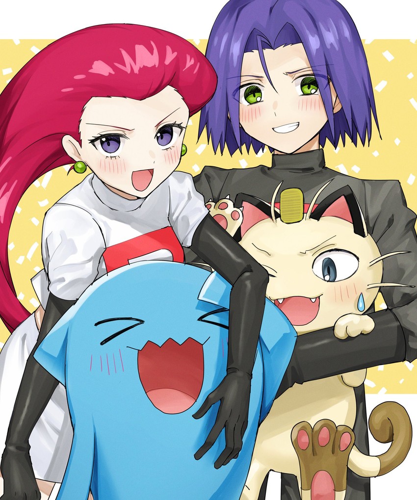 jessie, james, meowth, and wobbuffet (pokemon and 1 more) drawn by denney_(sukeru_ramune)