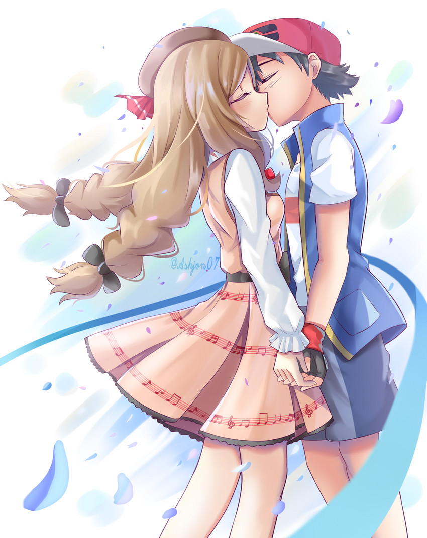 ash ketchum and serena (pokemon and 1 more) drawn by ashujou