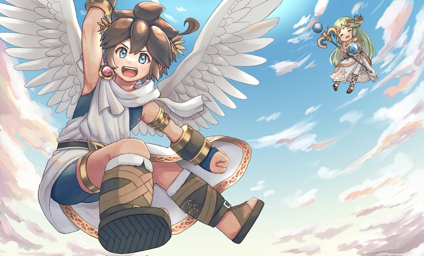palutena and pit (kid icarus and 1 more) drawn by waffuum