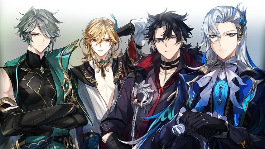alhaitham, kaveh, neuvillette, and wriothesley (genshin impact) drawn by raiseafuture