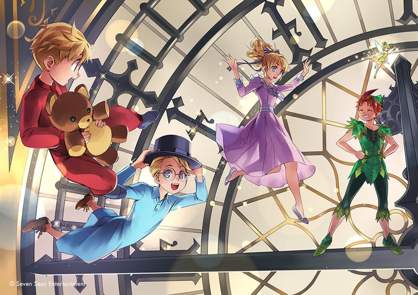 wendy darling, peter pan, tinker bell, john darling, and michael darling (peter pan) drawn by kriss_sison
