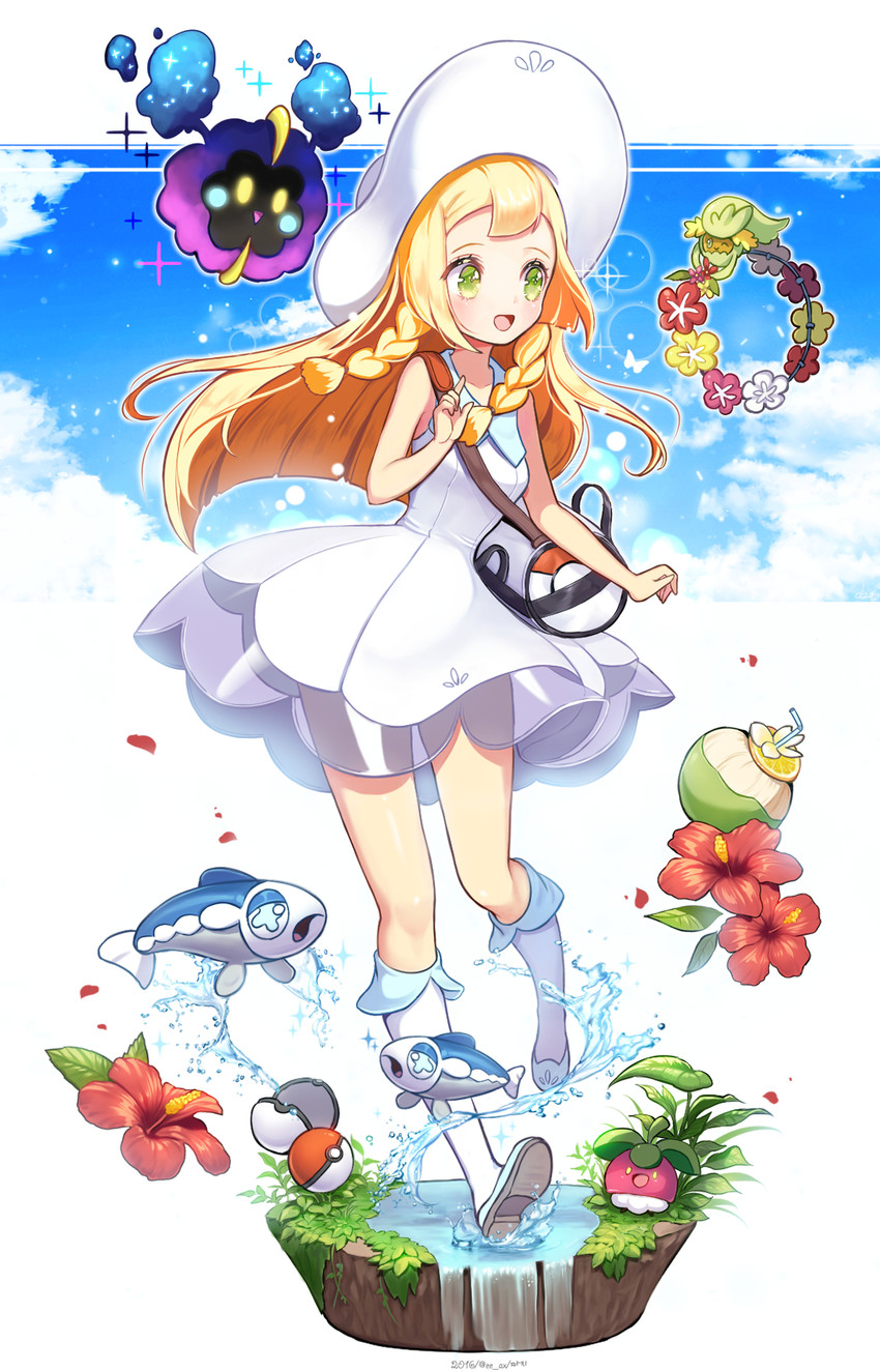 lillie, cosmog, wishiwashi, bounsweet, and comfey (pokemon and 1 more) drawn by ttaji_(pass35)