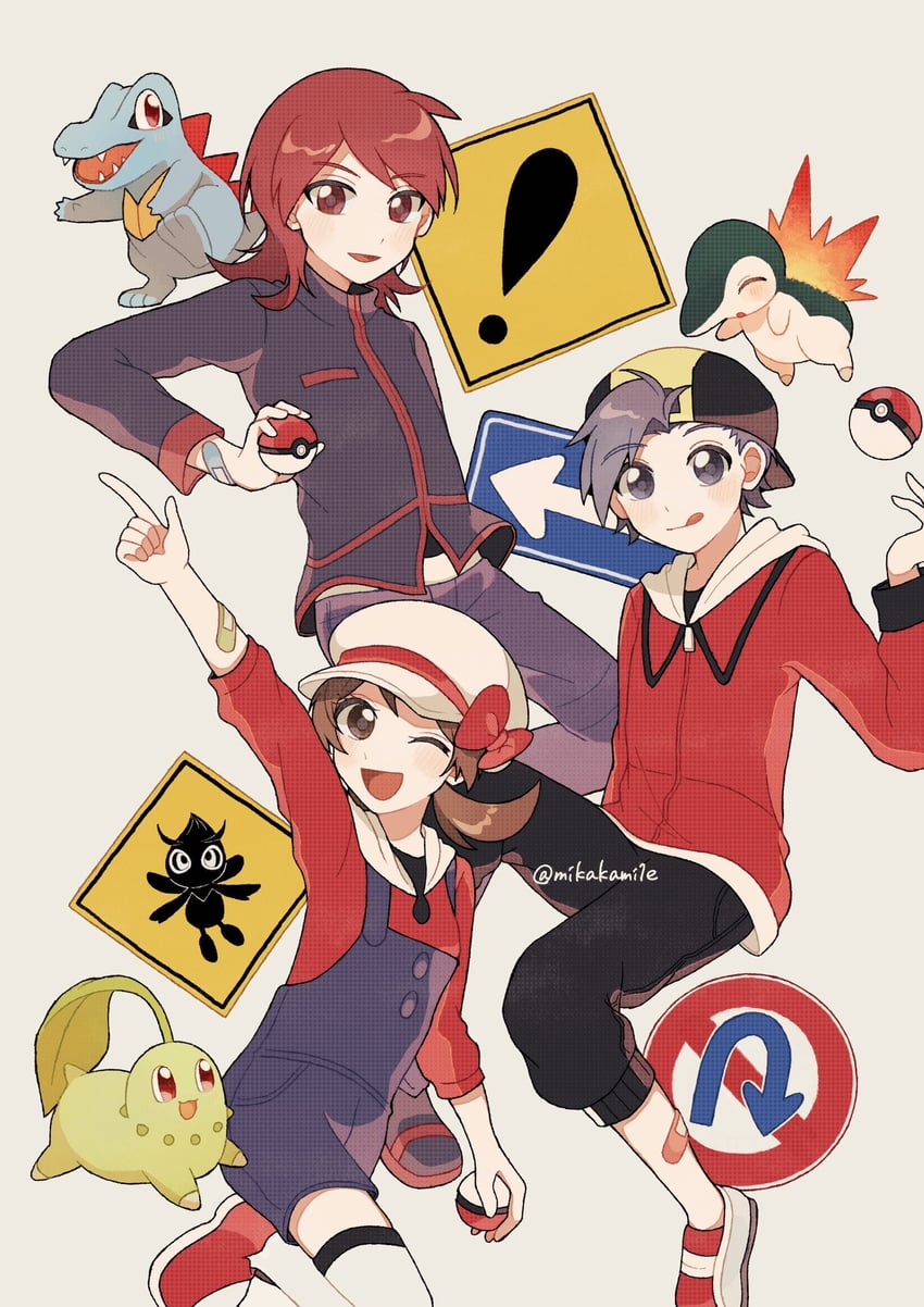 ethan, lyra, silver, cyndaquil, chikorita, and 2 more (pokemon and 1 more) drawn by mikakami1e