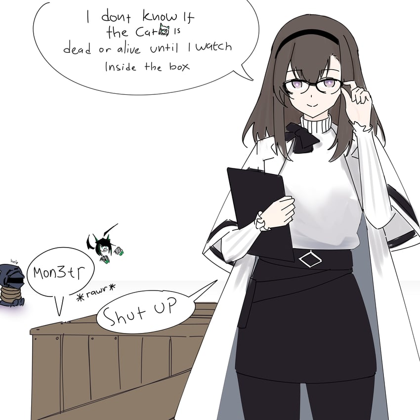 doctor, kal'tsit, mon3tr, and priestess (arknights) drawn by myticalcat