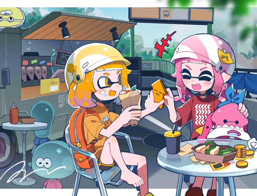 inkling player character, inkling girl, and jellyfish (splatoon) drawn by hg_swdiary