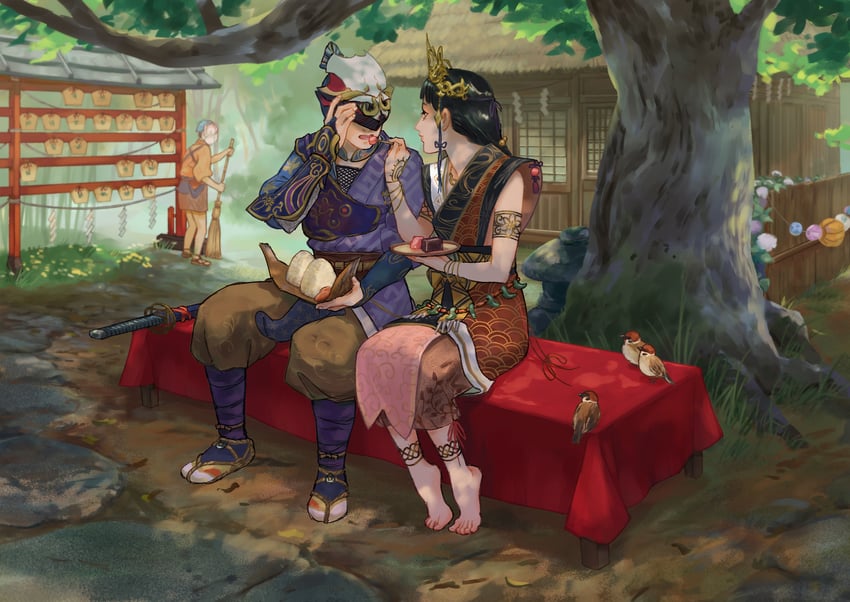 yoshiro, soh, and villager (kunitsu-gami: path of the goddess) drawn by carolyn_gan