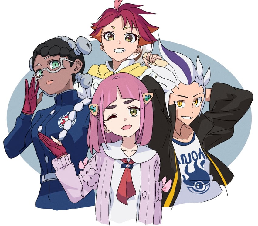 lacey, drayton, crispin, and amarys (pokemon and 1 more) drawn by momomatang