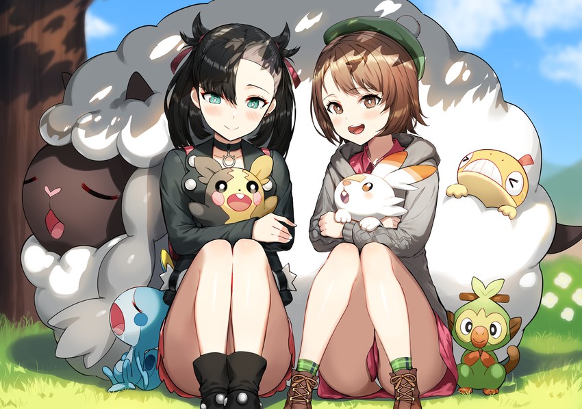 marnie, gloria, morpeko, scorbunny, sobble, and 3 more (pokemon and 1 more) drawn by greem_bang