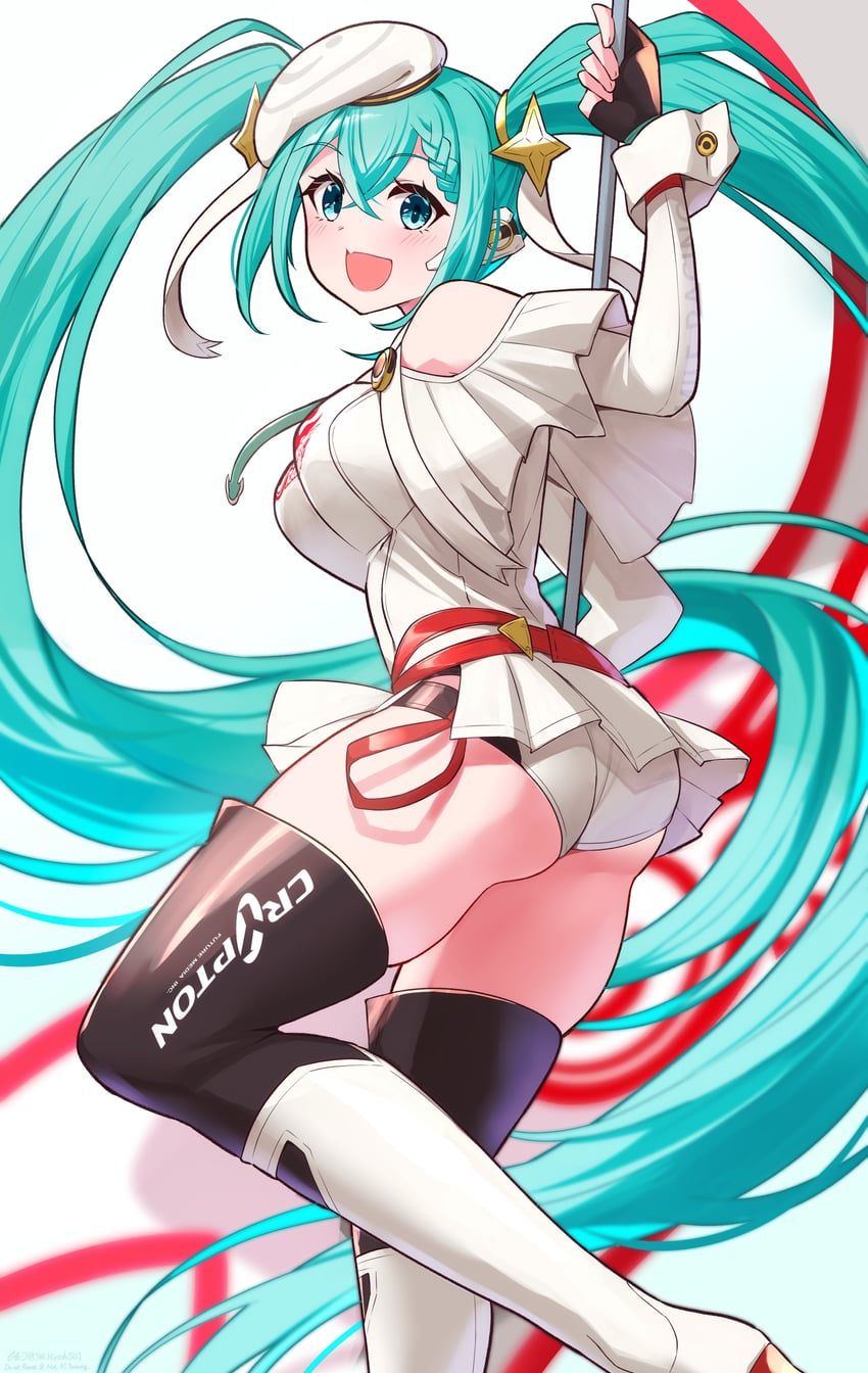 hatsune miku and racing miku (vocaloid and 1 more) drawn by hiroshi_(hunter-of-kct)