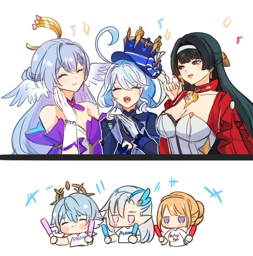 furina, robin, evelyn chevalier, neuvillette, sunday, and 1 more (genshin impact and 4 more) drawn by pun-rii