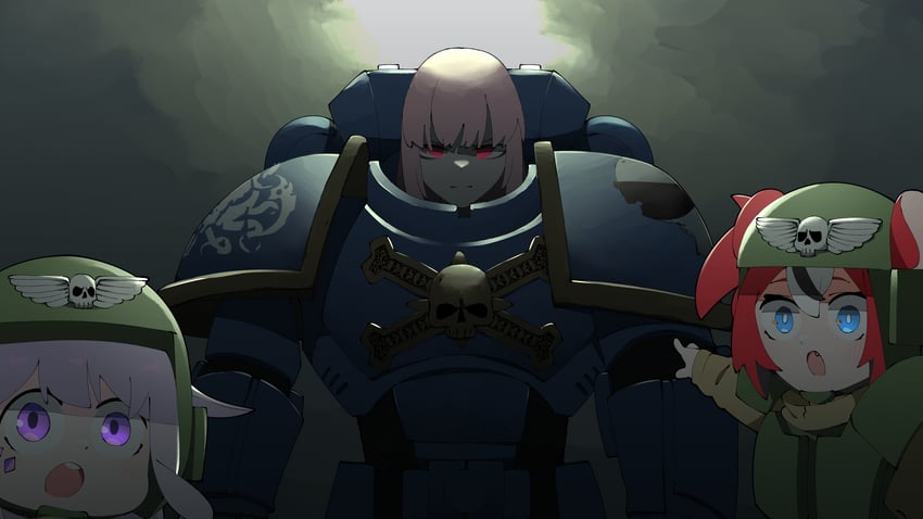 mori calliope, hakos baelz, koseki bijou, and adeptus astartes (hololive and 2 more) drawn by zaniaii