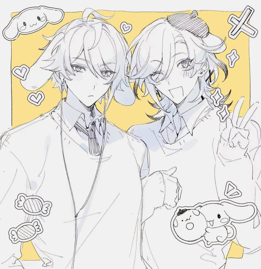 alhaitham, kaveh, cinnamoroll, and pompompurin (genshin impact and 2 more) drawn by riko1212