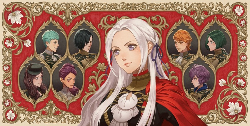 edelgard von hresvelg, dorothea arnault, bernadetta von varley, petra macneary, hubert von vestra, and 3 more (fire emblem and 1 more) drawn by munette