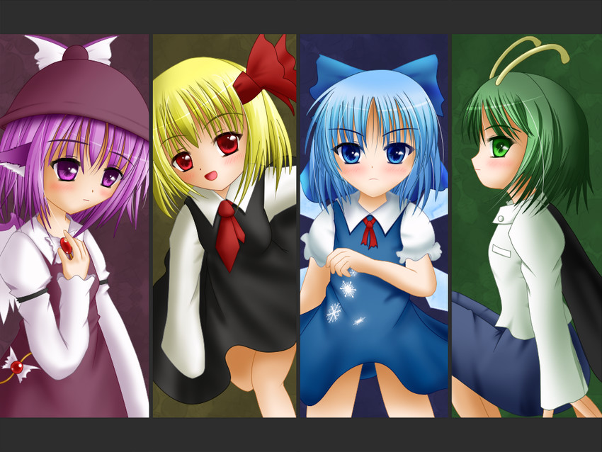 cirno, rumia, mystia lorelei, and wriggle nightbug (touhou) drawn by rishu_(stilla_stella)