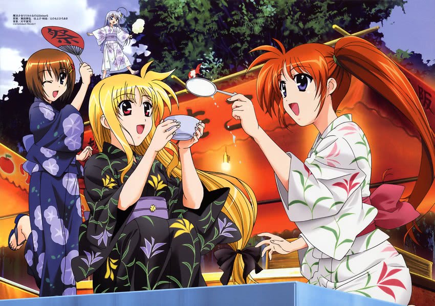 fate testarossa, takamachi nanoha, yagami hayate, and reinforce zwei (lyrical nanoha and 1 more) drawn by okuda_yasuhiro