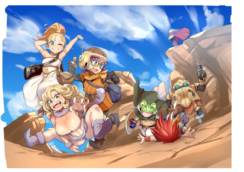 lucca ashtear, crono, marle, ayla, frog, and 2 more (chrono trigger) drawn by nuezou