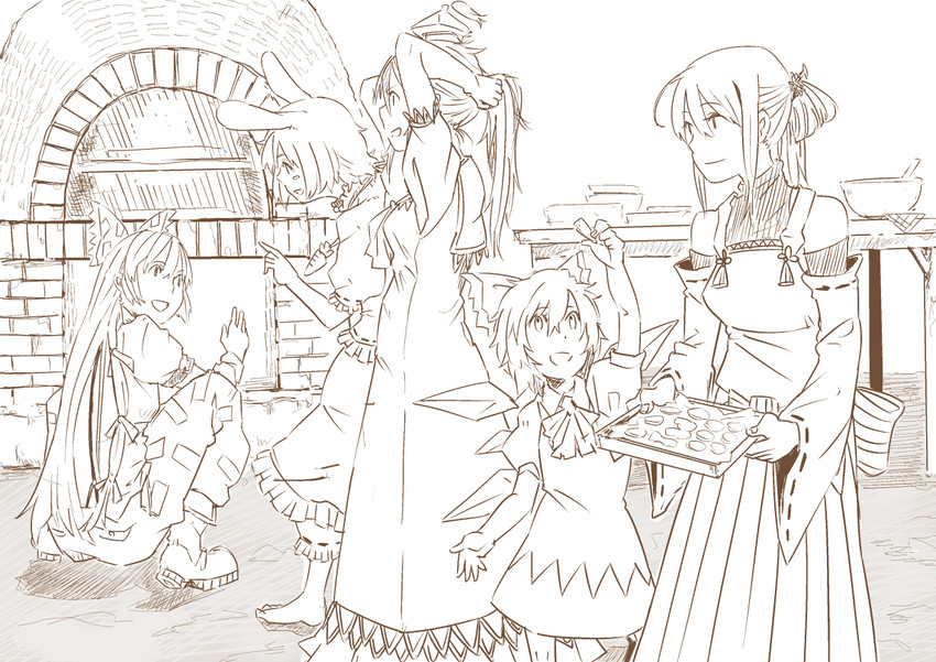 cirno, fujiwara no mokou, kamishirasawa keine, inaba tewi, and sendai hakurei no miko (original and 2 more) drawn by 132