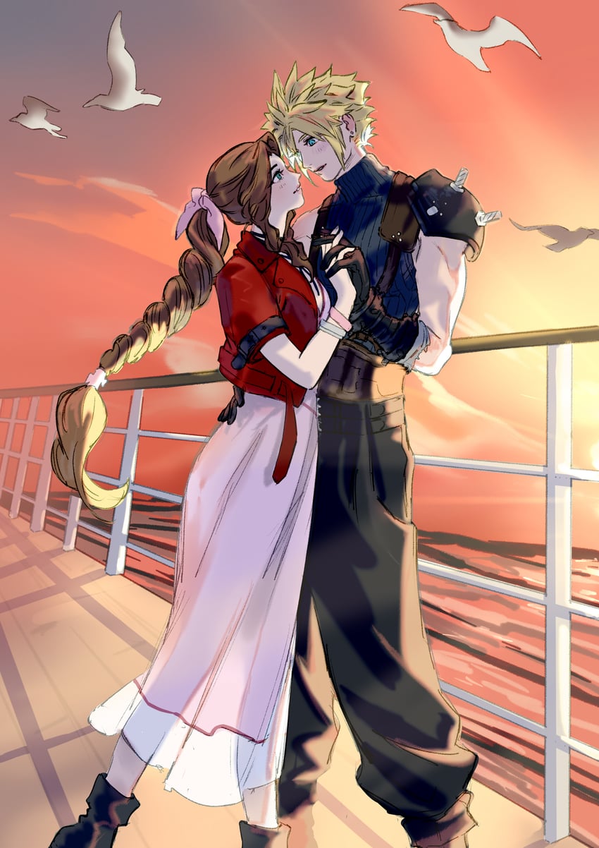 cloud strife and aerith gainsborough (final fantasy and 2 more) drawn by vendobear