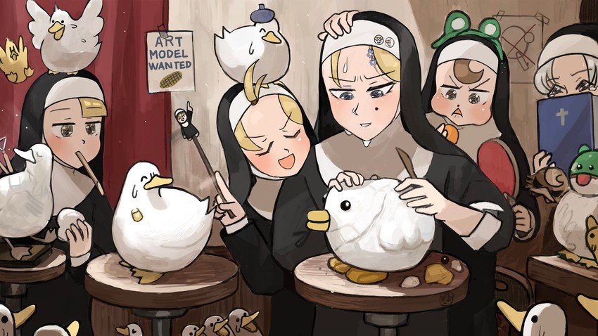 clumsy nun, froggy nun, spicy nun, strict nun, and smug nun (little nuns) drawn by diva_(hyxpk)