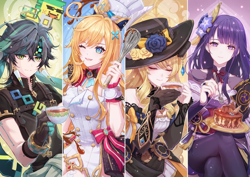 raiden shogun, navia, kinich, ajaw, and escoffier (genshin impact) drawn by nyansan_oekaki