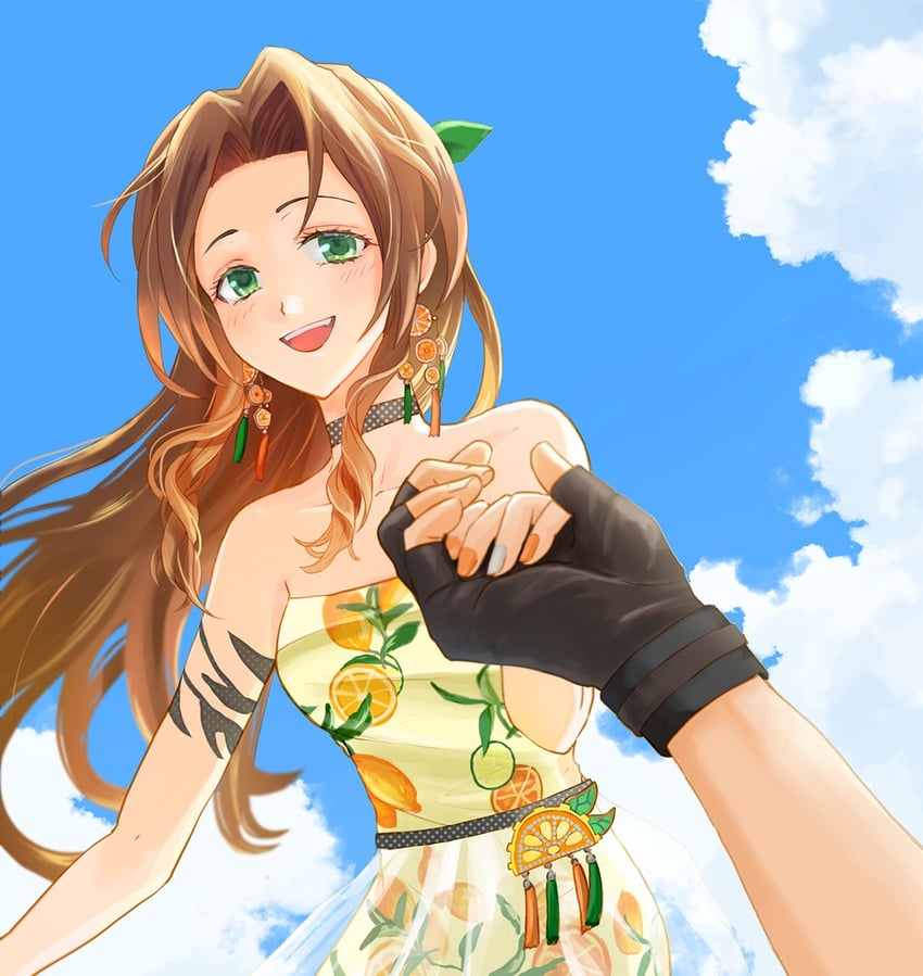 cloud strife and aerith gainsborough (final fantasy and 2 more) drawn by yahokichi_ma