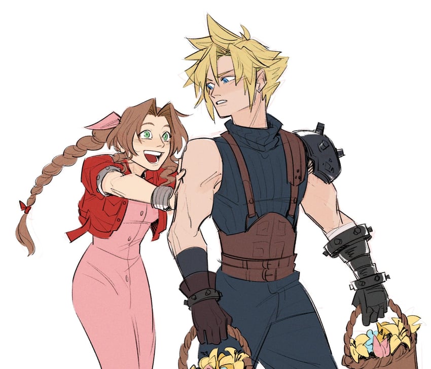 cloud strife and aerith gainsborough (final fantasy and 3 more) drawn by unlckdrat