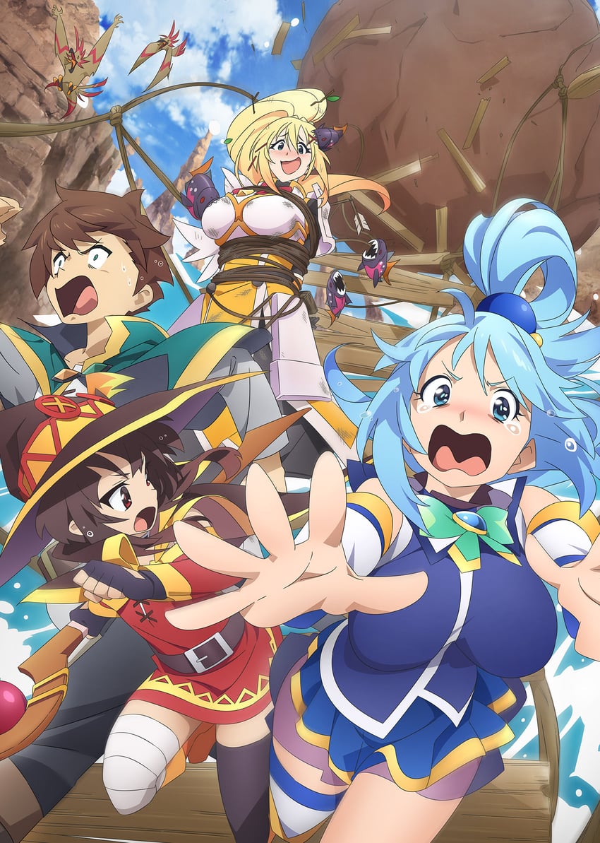 megumin, aqua, darkness, and satou kazuma (kono subarashii sekai ni shukufuku wo!) drawn by kikuta_kouichi
