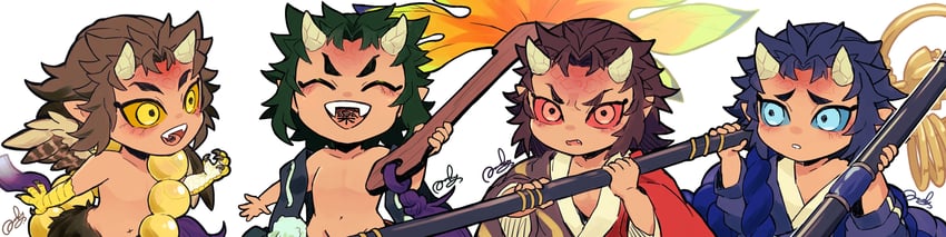 urogi, karaku, sekido, and aizetsu (kimetsu no yaiba) drawn by mamimume_momo