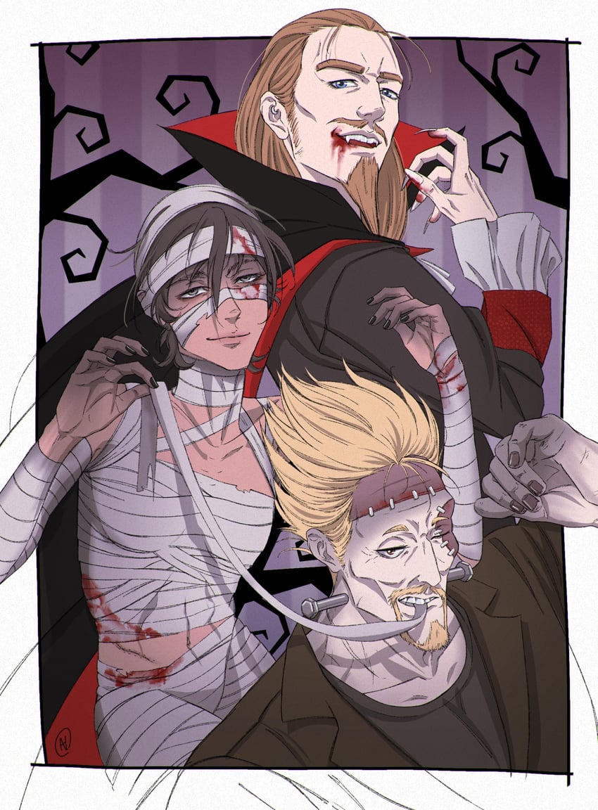 frankenstein's monster, dracula, thorkell, and asgeir (vinland saga and 1 more) drawn by haneen_(7anenoh)