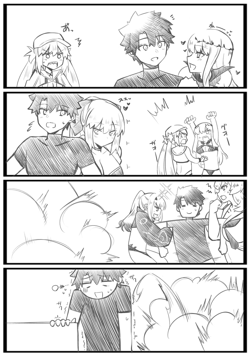 artoria pendragon, fujimaru ritsuka, morgan le fay, artoria caster, melusine, and 3 more (fate and 1 more) drawn by 4uu_(radicalmp_head)