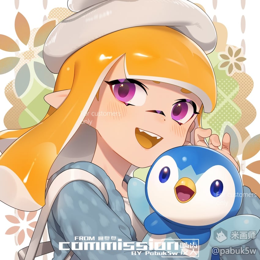 inkling player character, inkling girl, and piplup (pokemon and 1 more) drawn by pabuk5w