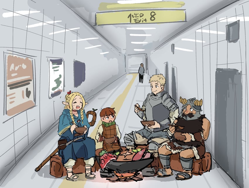 marcille donato, laios touden, senshi, and chilchuck tims (dungeon meshi and 1 more) drawn by tenten_(chan4545)