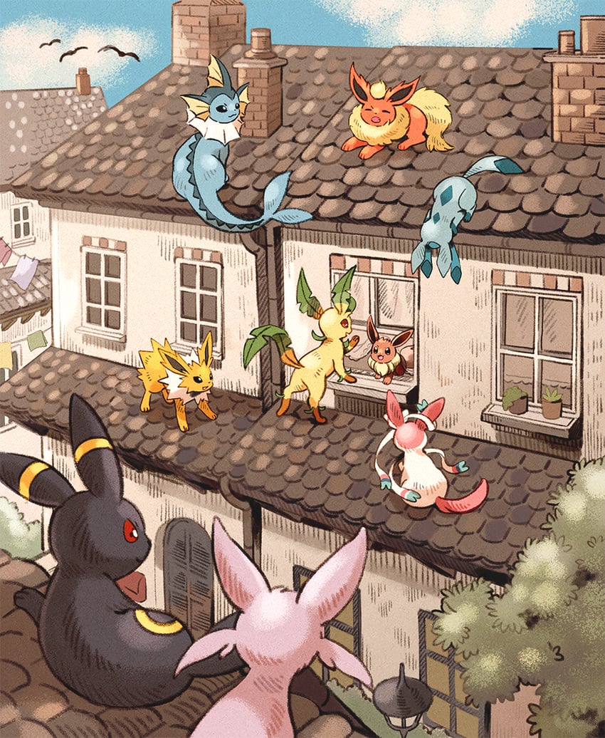 eevee, sylveon, glaceon, vaporeon, espeon, and 3 more (pokemon) drawn by matsuri_(matsuike)
