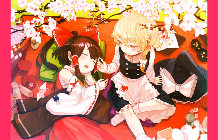 hakurei reimu, kirisame marisa, and mystia lorelei (touhou) drawn by okari