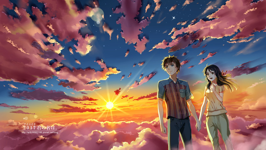 miyamizu mitsuha and tachibana taki (kimi no na wa.) drawn by ge_xi