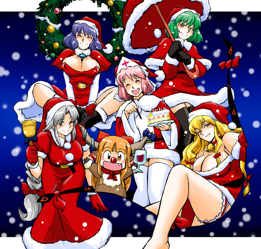 yakumo yukari, saigyouji yuyuko, kazami yuuka, ibuki suika, yasaka kanako, and 1 more (touhou) drawn by azuki_osamitsu