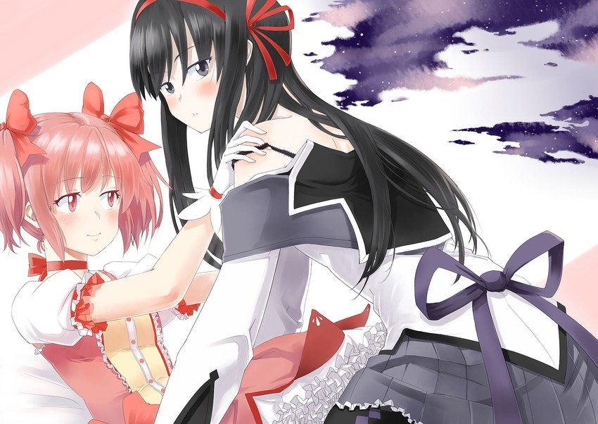 akemi homura and kaname madoka (mahou shoujo madoka magica) drawn by yomio