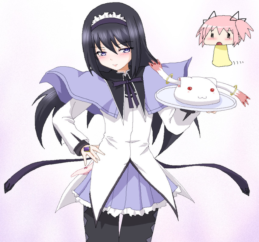 akemi homura, kaname madoka, and kyubey (mahou shoujo madoka magica) drawn by hayashiya_zankurou