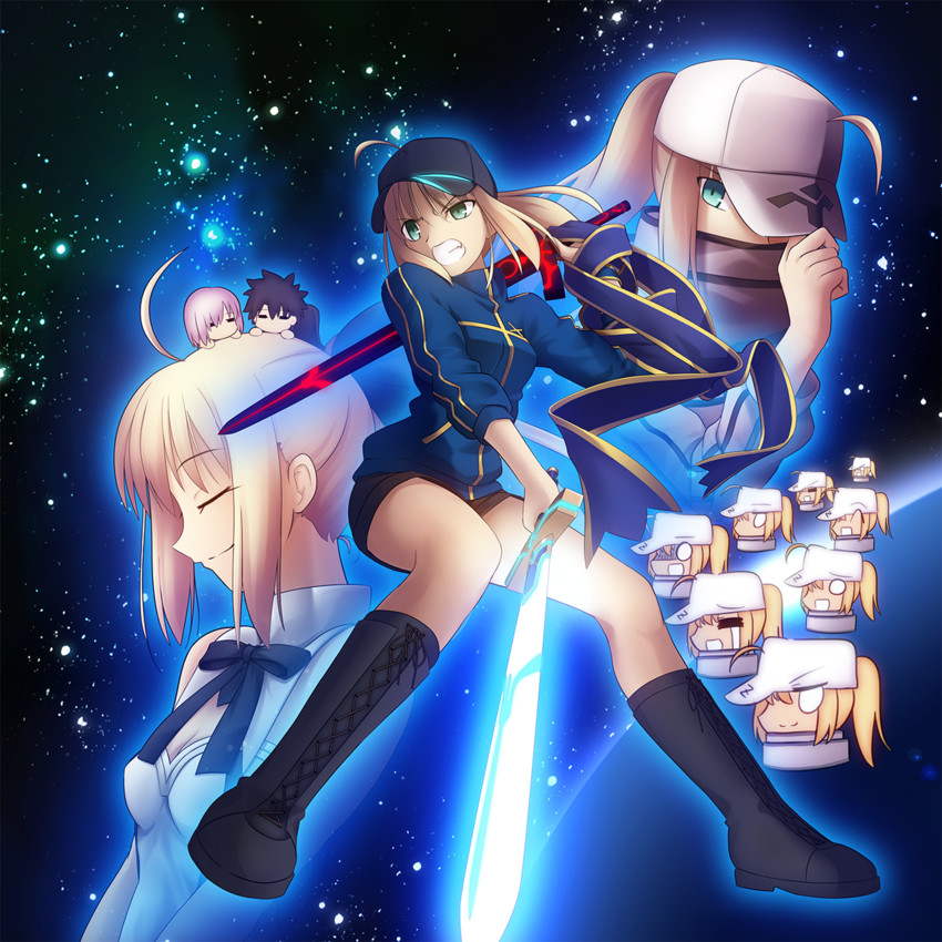 artoria pendragon, mash kyrielight, fujimaru ritsuka, saber lily, mysterious heroine x, and 1 more (fate and 1 more) drawn by shoori_(migiha)