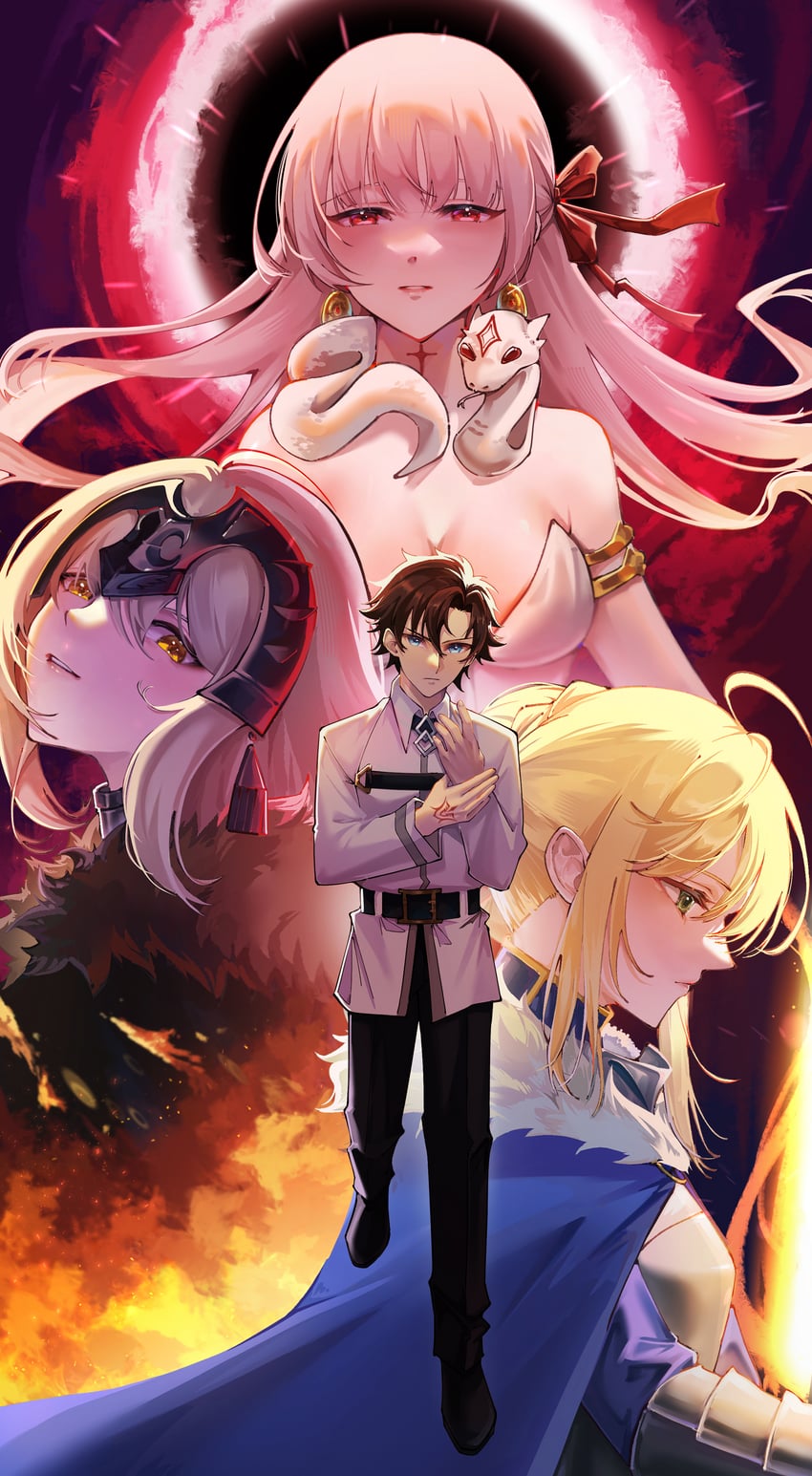 artoria pendragon, saber, fujimaru ritsuka, jeanne d'arc alter, and durga (fate and 1 more) drawn by pen_guinnn_dess
