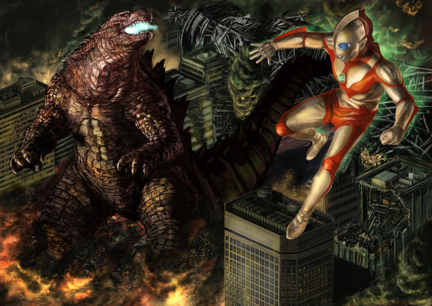 godzilla and ultraman powered (ultra series and 3 more) drawn by zeze