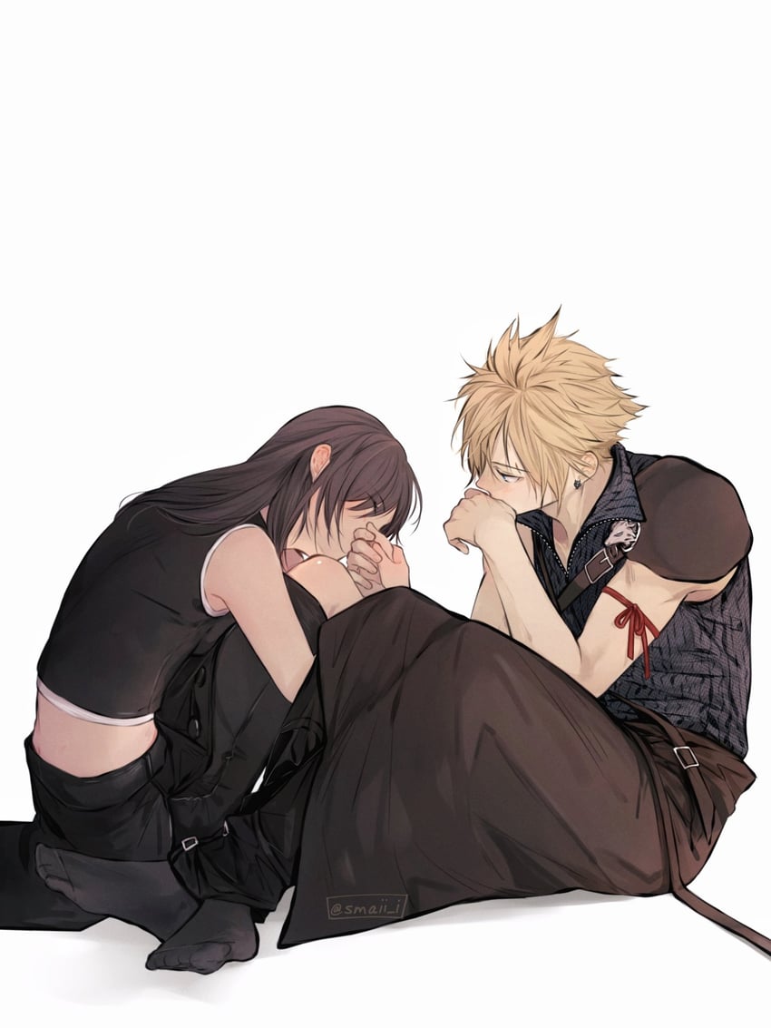tifa lockhart, cloud strife, and fenrir (final fantasy and 2 more) drawn by maiii_(smaii_i)