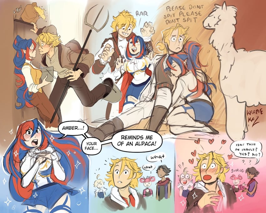 female alear, hortensia, fogado, merrin, and amber (fire emblem and 1 more) drawn by kraziekazoo