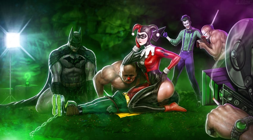 harley quinn, batman, robin, dick grayson, and joker (dc comics and 1 more) drawn by jojobanks
