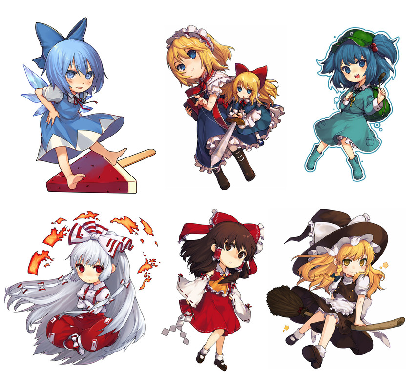 hakurei reimu, kirisame marisa, alice margatroid, cirno, fujiwara no mokou, and 2 more (touhou) drawn by aki_(mare_desiderii)